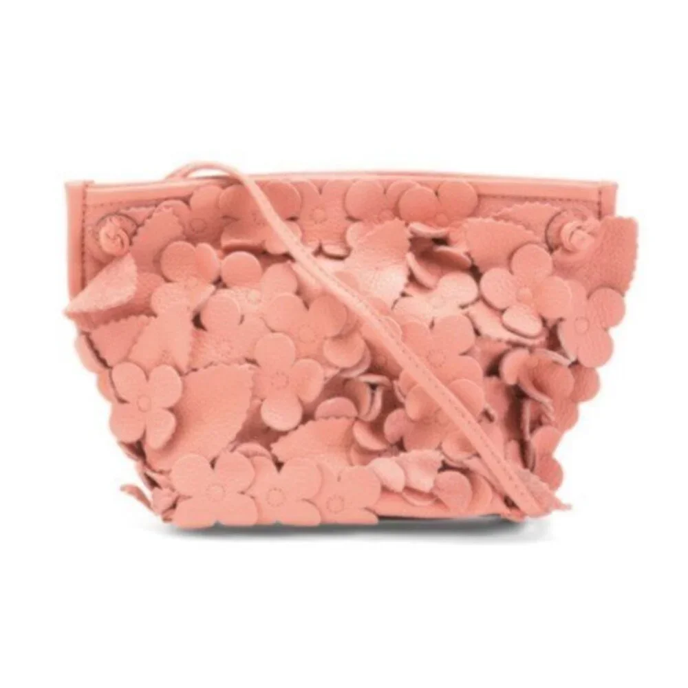 T Tahari 3D Greta Leather Flowers Appliques Pink Crossbody Handbag